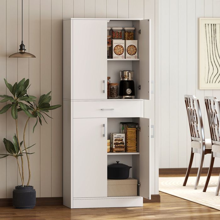 Kitchen Buffet - HOMCOM - tall buffet cabinet with 2 adjustable shelves, 4 doors, and 1 drawer - wood - height 180 cm - white