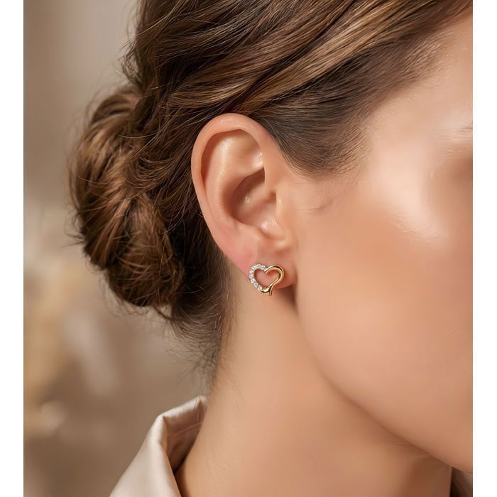 Earrings - Women's - Studs - Heart - 18k Yellow Gold Plated - Sparkling Zircons - 9 x 8 mm