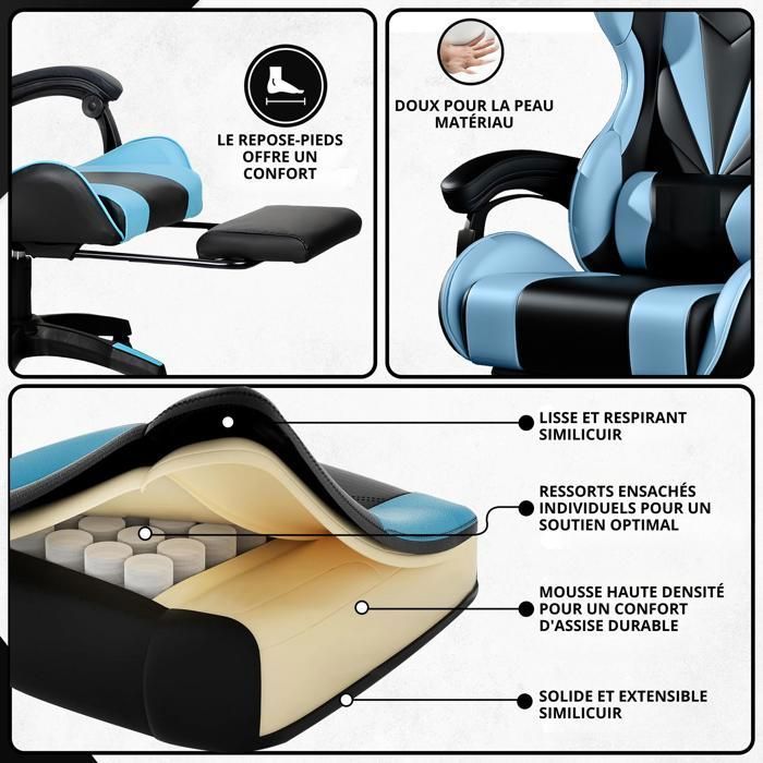 Bayt Ergonomischer Gaming-Stuhl – Ausziehbare Fußstütze – Verstellbare Armlehnen – Verstellbare Rückenlehne – Schwarz & Hellblau