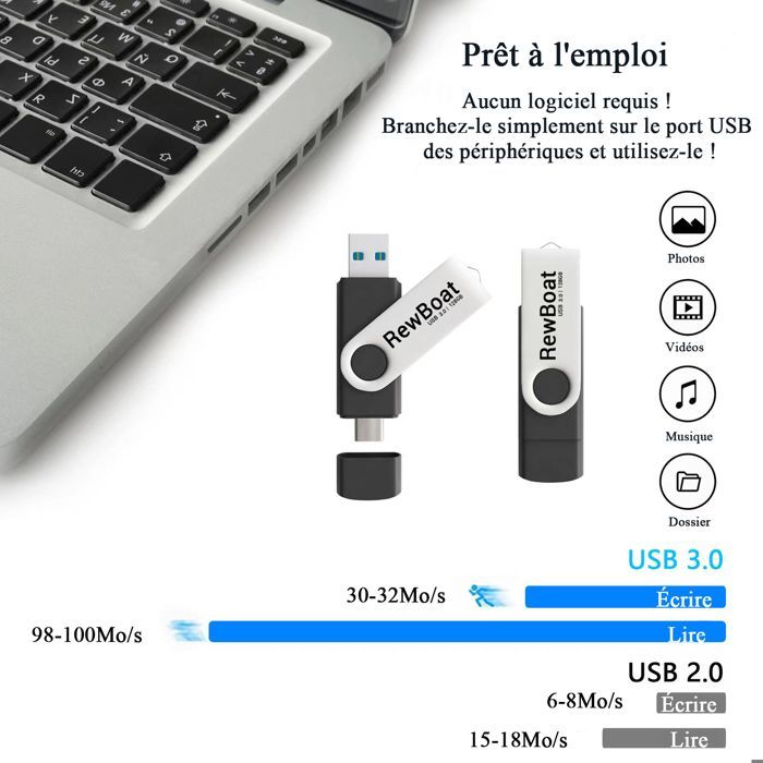 Clé USB 128 Go REWBOAT V3.0 - 2 en 1 + Type C - 130Mo/s Vitesse de Lecture Noir Lot de 2