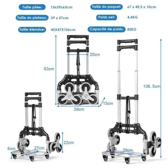 Carretilla plegable de aluminio COSTWAY - Altura ajustable - 80 kg - 10 ruedas flexibles - Mango telescópico - Cuerda elástica