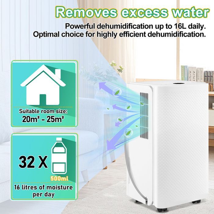 Eulenke Déshumidificateur d'air, 16L / jour, Minuterie 24h, Réservoir amovible 2L, Surface Couverte 25m²