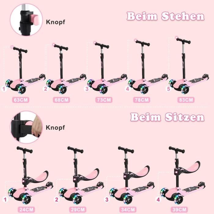 3-in-1 Kinderroller – LED – Pink – Sitz – 3 stylische Räder