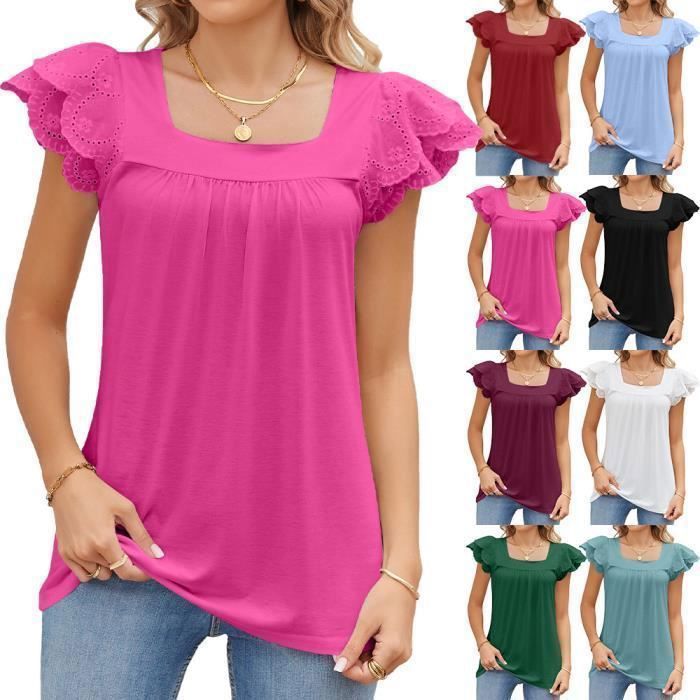 T-Shirt Femme Manches Courtes Avec Dentelle Couleur Unie Casual Tee Shirt Ete Lache Col Carré Confortable - Taille EU - Rose
