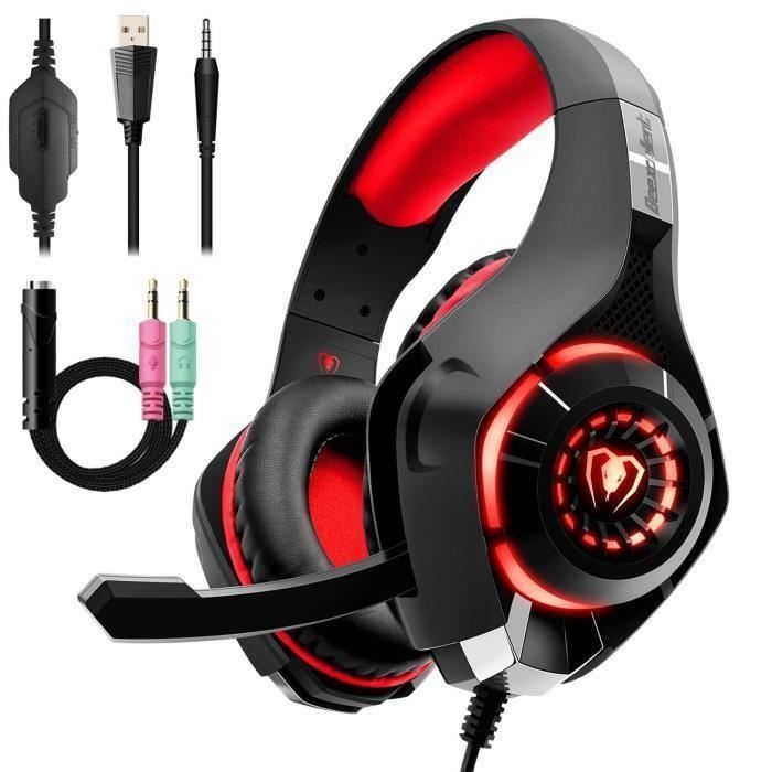 Fone de ouvido para jogos POPSPO PS4 - Com fio - Vermelho - Microfone com cancelamento de ruído e LED