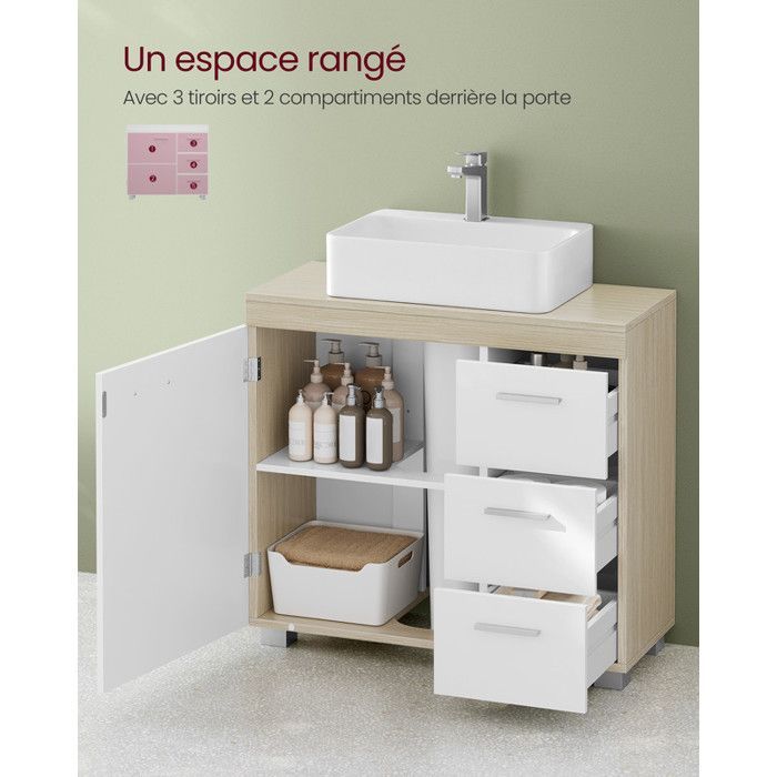 Mobile bagno con 3 cassetti laterali e 2 vani dietro l'anta, per lavabi a colonna, 30 x 70 x 64 cm, bianco e beige.