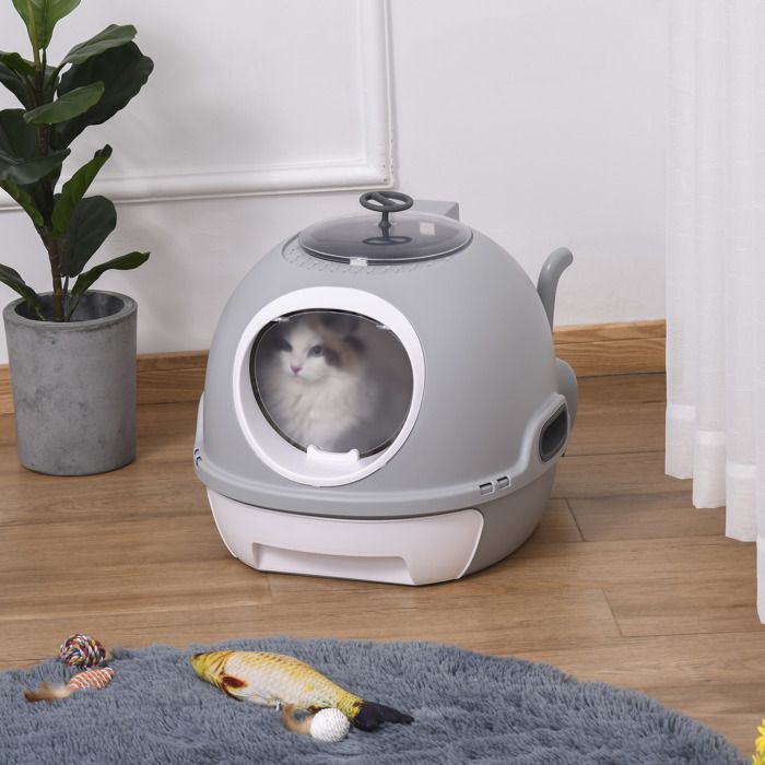Katzentoilette - Katzenhäuschen - PawHut - tragbare Schublade mit Schwingtür und Schaufel - Kunststoff - grau