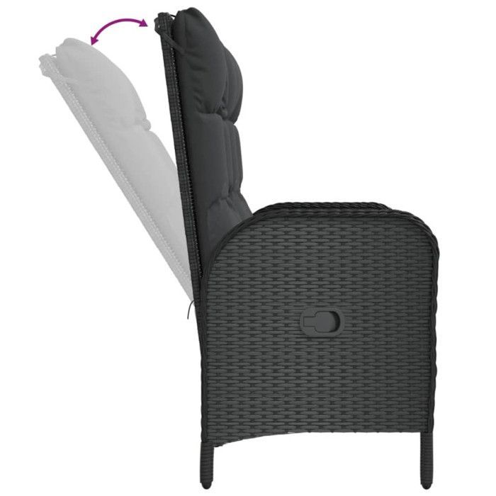 Banco de jardín reclinable vidaXL con cojines, 107 cm, poliratán negro, 319894