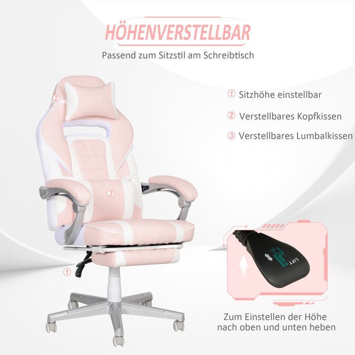 Fauteuil gaming avec repose-pieds, chaise de bureau réglable en hauteur avec coussins pour la tête et les lombaires