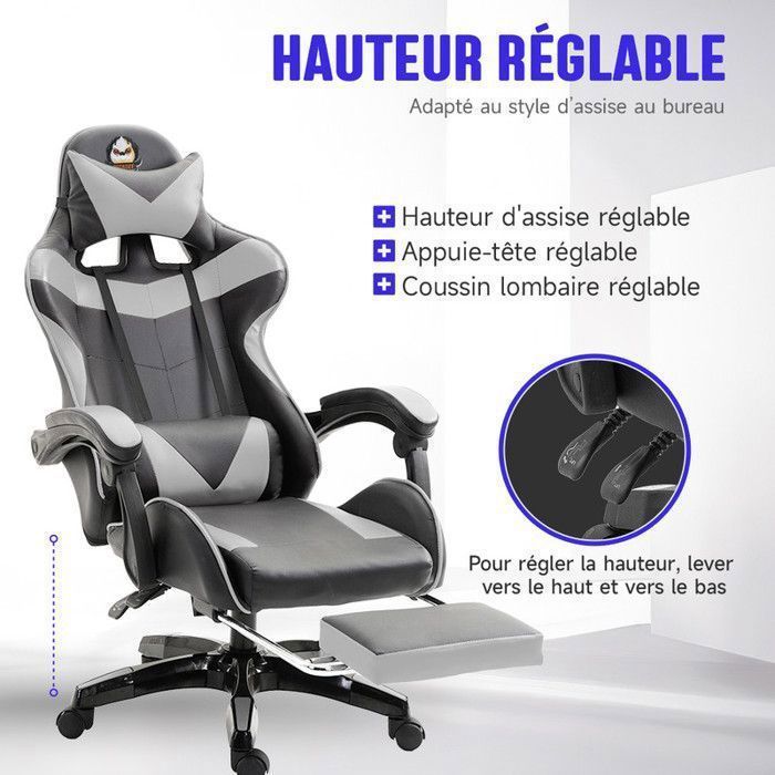 Chaise Gaming Ergonomique Noir et Gris, Support Lombaire, Repose-pieds, Oreilles de Chat, Coussin Tête, Inclinaison Réglable