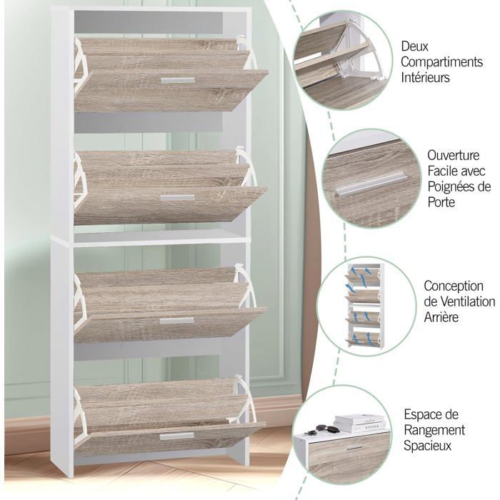 CASABEL Schoenenkast voor 24 paar schoenen - Grote capaciteit voor de hal - B60xD24xH150 cm - Licht houten deuren, wit frame