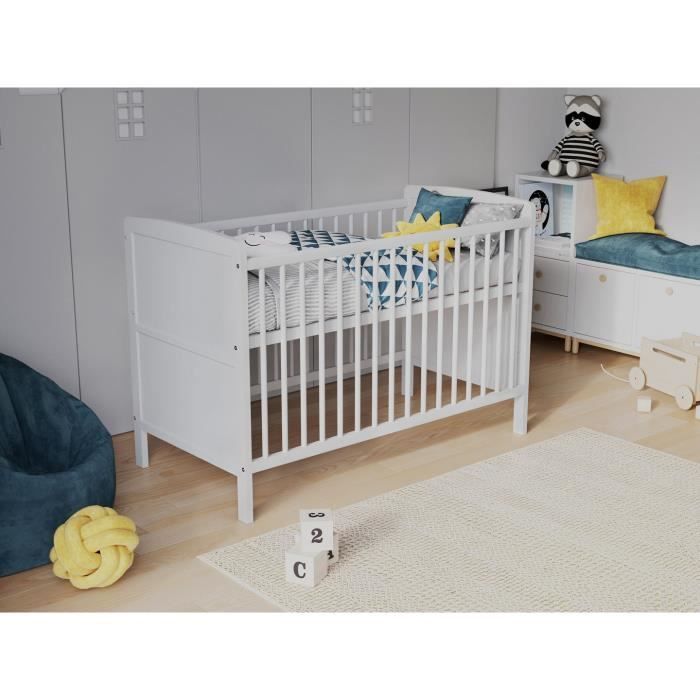 Lit bébé 120x60cm avec Matelas en Mousse Aloe Vera,Lit evolutif Bebe en Bois, Lit d'enfant convertible Blanc