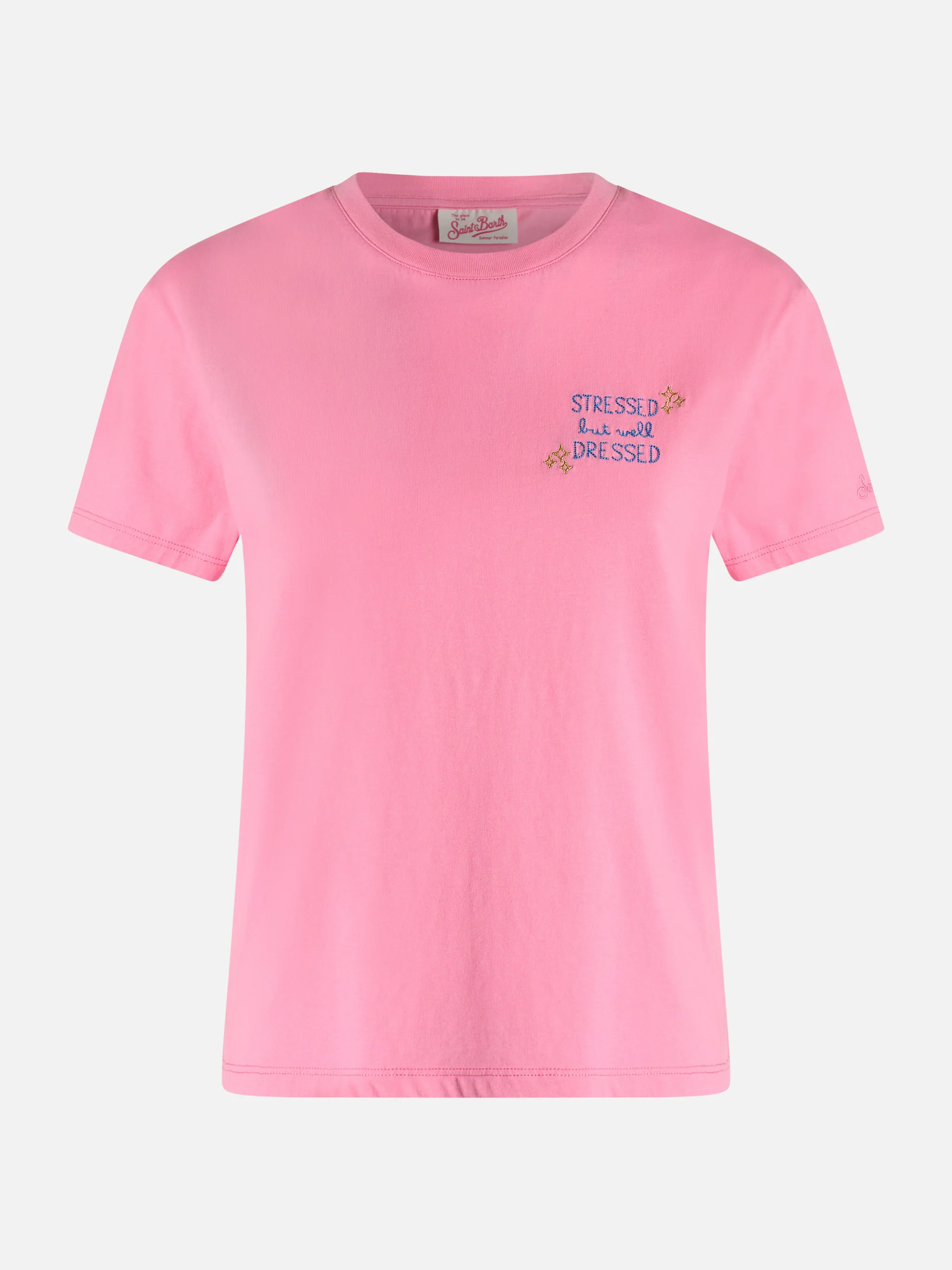 Emilie dames T-shirt met ronde hals van katoenen jersey met Stres-borduurwerk.