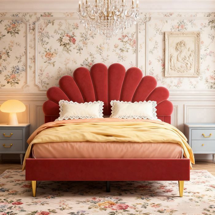 POCKETPOP Bett, 140 x 190 cm, burgunderroter Samtbezug – Holz- und Metallrahmen, Lattenrost, Blütenblatt-Kopfteil, Doppelbett