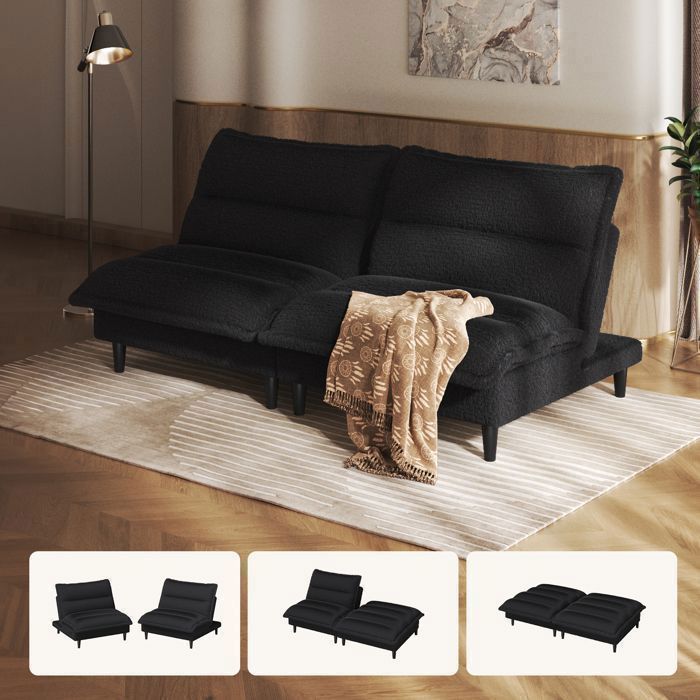 Sofá cama convertible 3 en 1 en color negro, respaldo ajustable, tapizado en terciopelo blanco lechoso, cómodo e ideal para espacios pequeños.