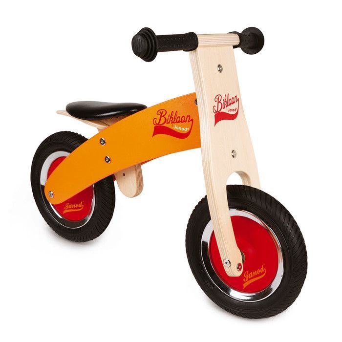Janod Little Bikloon Wooden Balance Bike - Orange - Ages 2+ - Inflatable Tires - Adjustable Seat