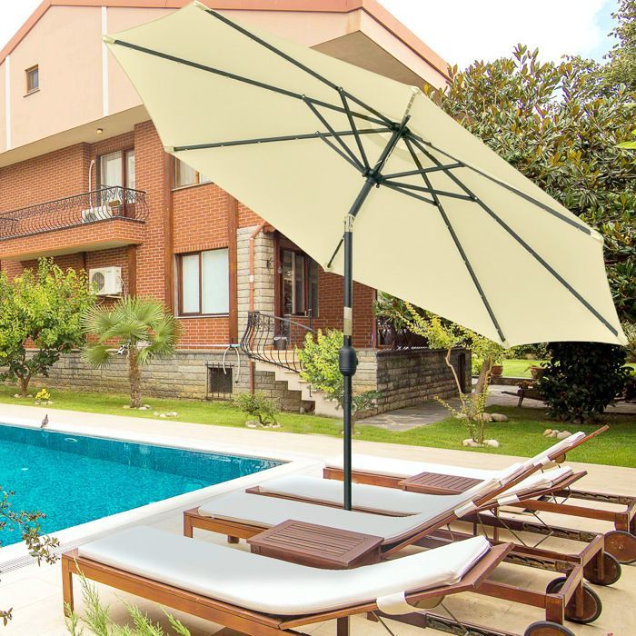 Parasol de jardin extérieur - Outsunny - rond, lumières led solaires, manivelle inclinable, 8 baleines - Ø 265 x 233 cm - beige