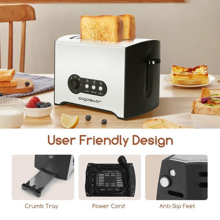 Aigostar Mini Sunshine- Grille-pain 2 fentes extra-larges et 7 niveaux de brunissage. Fonctions toaster, décongeler,900W, 0% BPA.