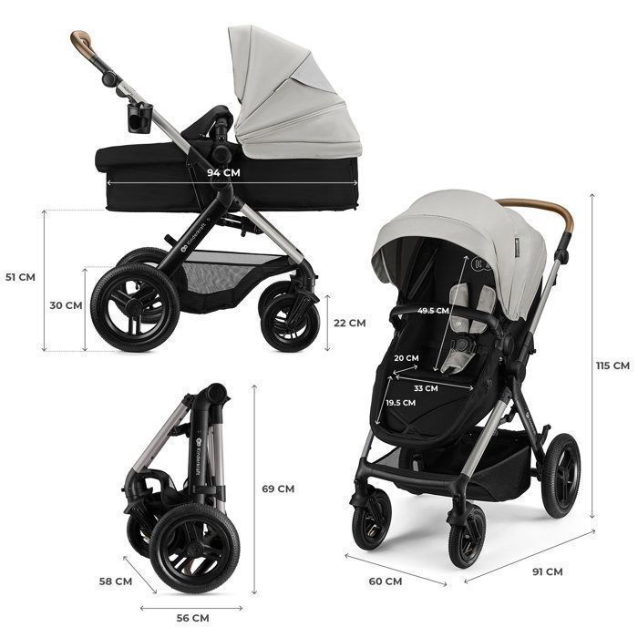 Poussette 3 en 1 Combinée Kinderkraft MOOV2 XL, Avec Siège auto I-size, Grande nacelle XL, Système de voyage, Gris
