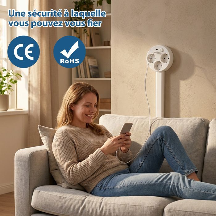 Multiprise avec 3 Prises, USB-C et USB-A, 47-67 cm Câble Extensible, Multiprises avec Interrupteur, Murale, pour Bureau, Bureau