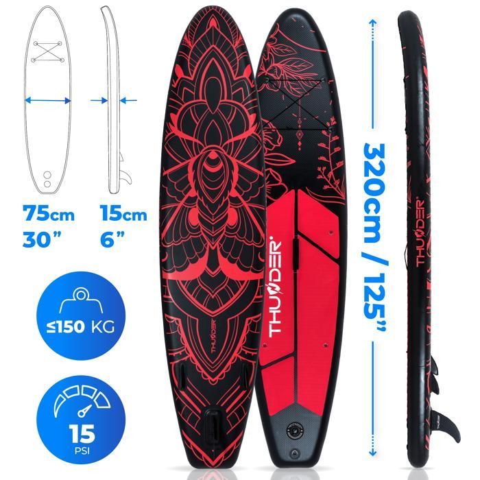 THUNDER® Tavola da Stand Up Paddle gonfiabile per touring | Accessori completi | 320 cm | PVC | Stile MOTH | Nero e rosso