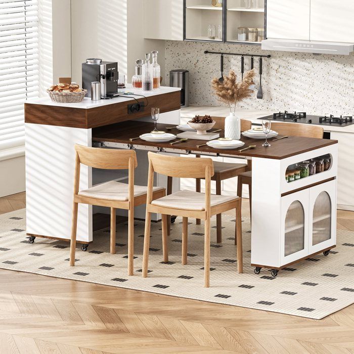 Keukeneiland op wielen, uitschuifbare eettafel met stopcontacten, blad van geribbeld glas, dressoir met één lade, wit en walnoot