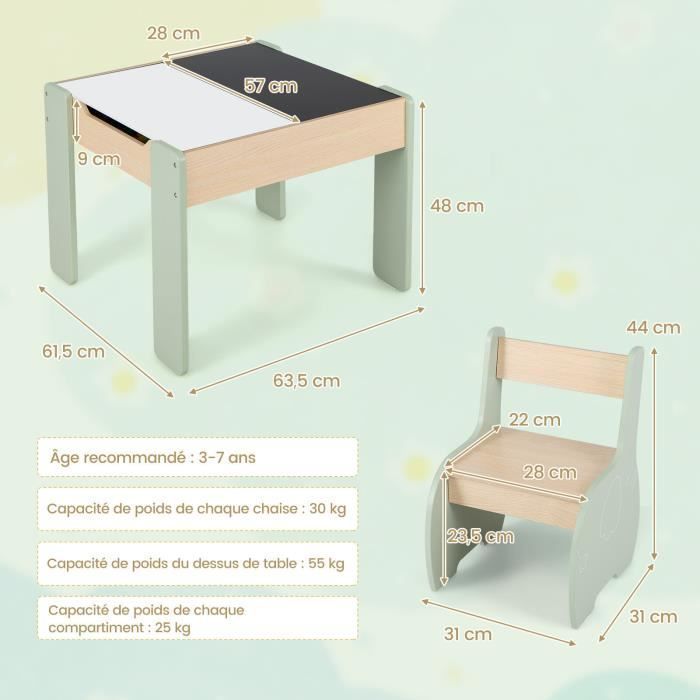COSTWAY Juego de mesa y 2 sillas infantiles 3 en 1, mesa de doble cara (blanco y negro) con función de almacenamiento, madera verde