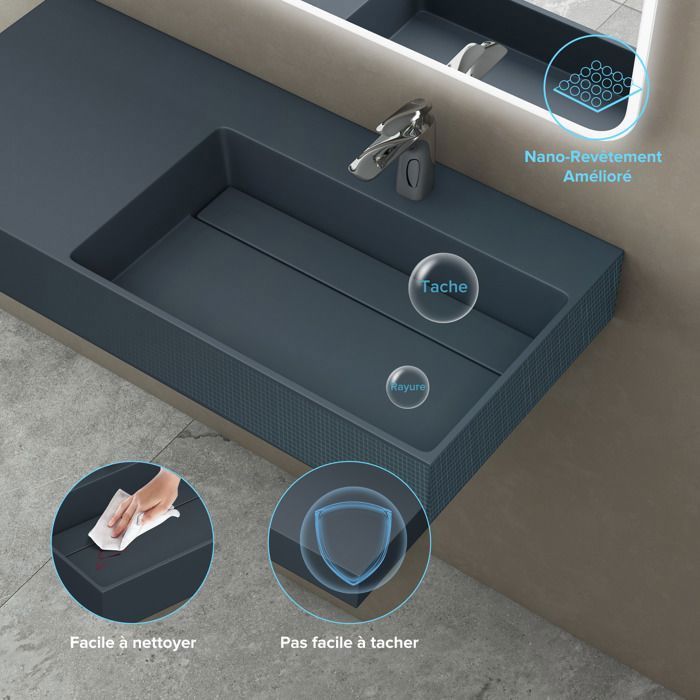 Lavabo mural doporro, gris mate/negro, 75 cm, lavabo de encimera con desagüe, lavabo rectangular, 75 x 43 x 13 cm, Colossum12-R