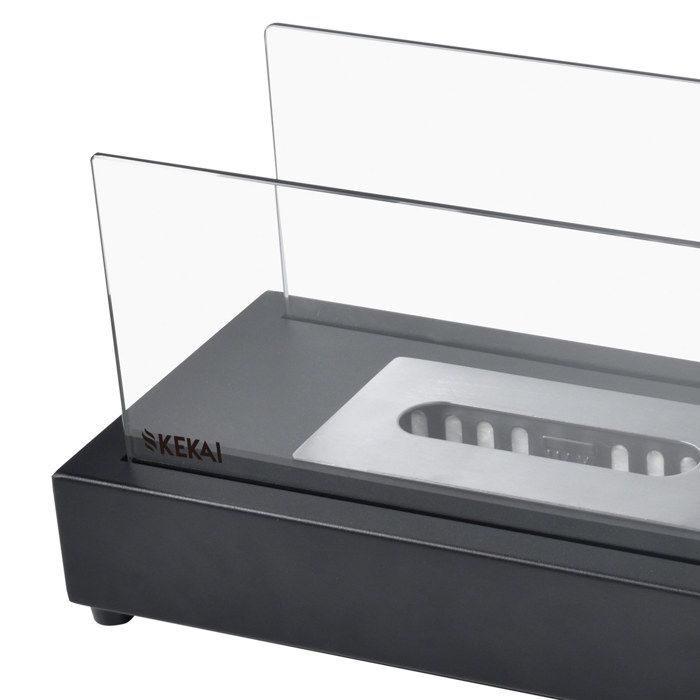 Caminetto a bioetanolo da tavolo Kekai Etna, dimensioni 35,5x18x20,5 cm, con bruciatore in acciaio inox, vetro temperato e spegnifiamma.