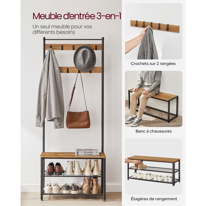 Appendiabiti con scarpiera integrata VASAGLE, mobile da ingresso con panca, 3 in 1, struttura in acciaio, 32 x 70 x 177 cm, marrone e nero