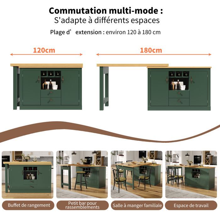 Isla de cocina multifuncional extensible, mesa de bar ajustable con rotación de 360° (120-180 cm), con 2 cajones y puertas, color verde.