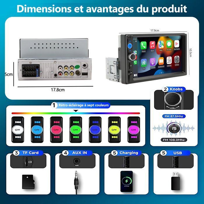 1-DIN-Autoradio, 7-Zoll-Bildschirm, unterstützt kabelgebundenes CarPlay, Android Auto, Bluetooth, WLAN, GPS, FM-Radio, USB, Lenkradfernbedienung, Rückfahrkamera