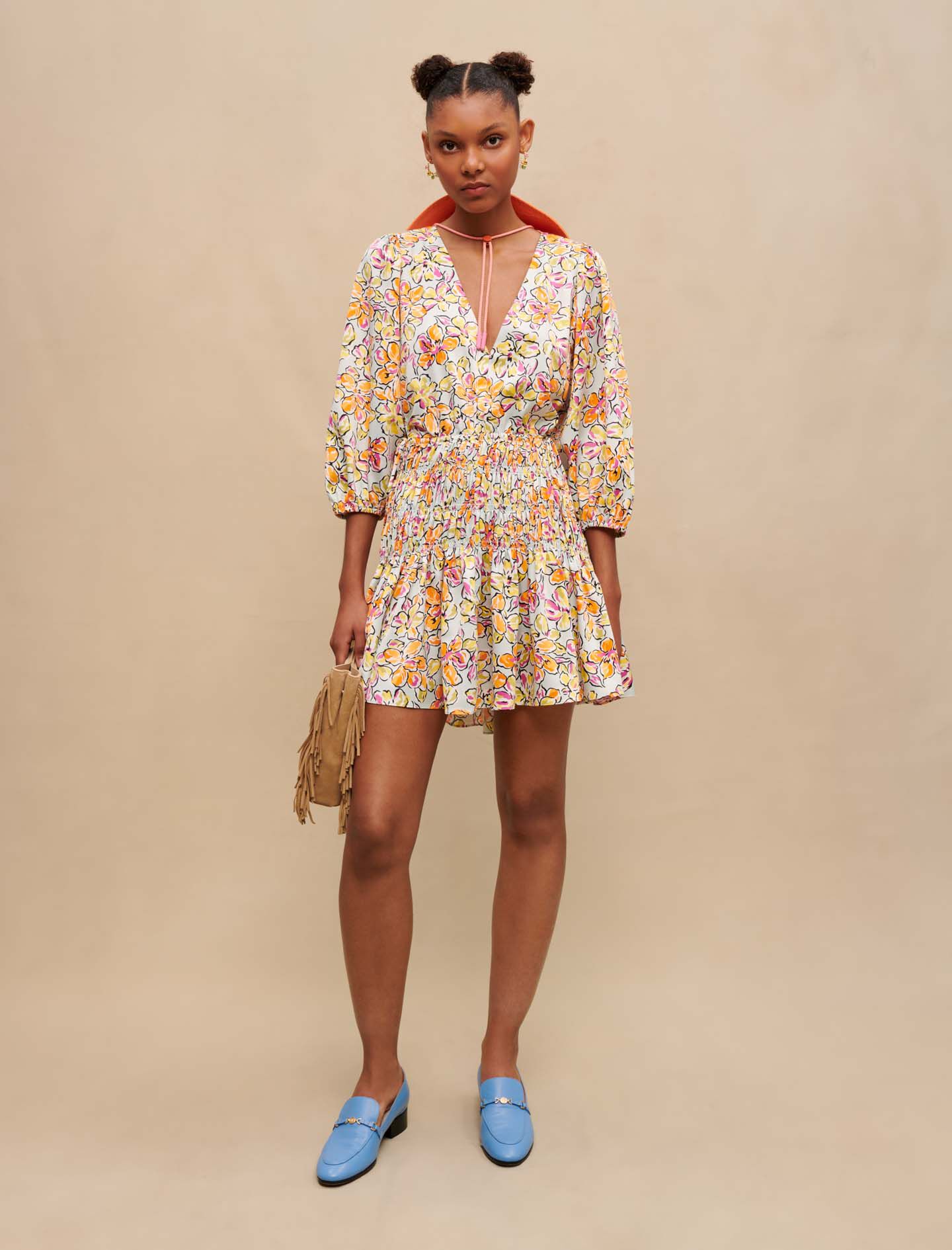 Korte jurk met bloemenprint - Hibiscus oranje/blauw