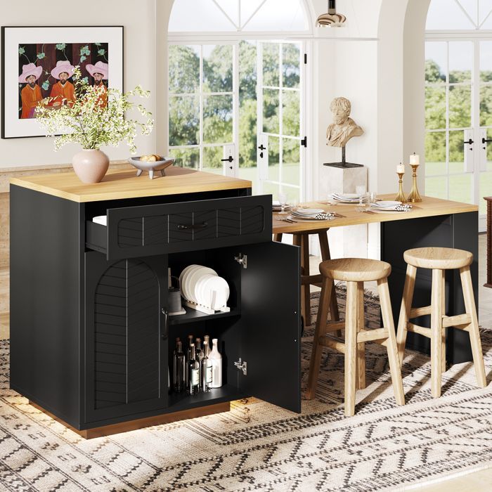 Kitchen island with extendable dining table, modern bar table with 2 drawers and 4 doors - 60-113×70×95.5cm - MDF - black