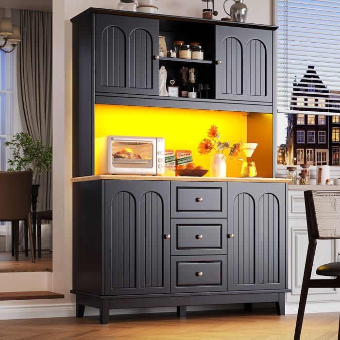 Buffet de cuisine moderne - MODERNLUXE - 120x45x180 cm - 4 portes - 3 tiroirs - 10 étagères - Éclairage LED - Noir