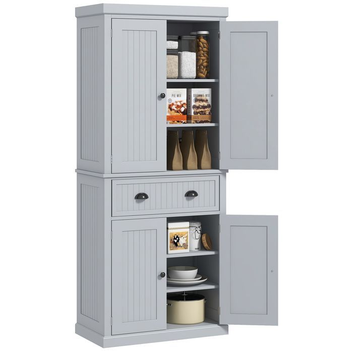 Armoire de cuisine - HOMCOM - multi-rangements étagères réglables 4 portes et grand tiroir - 76,2 x 40,2 x 183 cm - gris