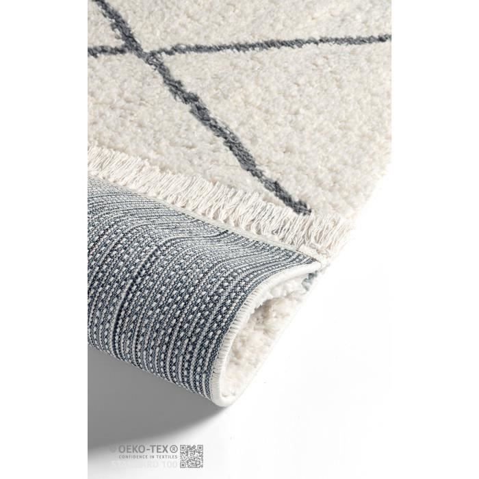 Shaggy Hallway Rug 80x300 cm Cream Anthracite Diamond Pattern - TESSO LIVING - Long Pile 3 cm - Synthetic