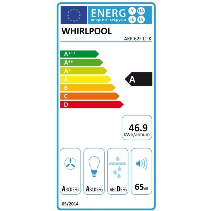 Hotte décorative - WHIRLPOOL AKR62FLTK -  Larg 60 cm - Evacuation/recyclage - 71 dB - 4 vitesses + booster - Verre noire