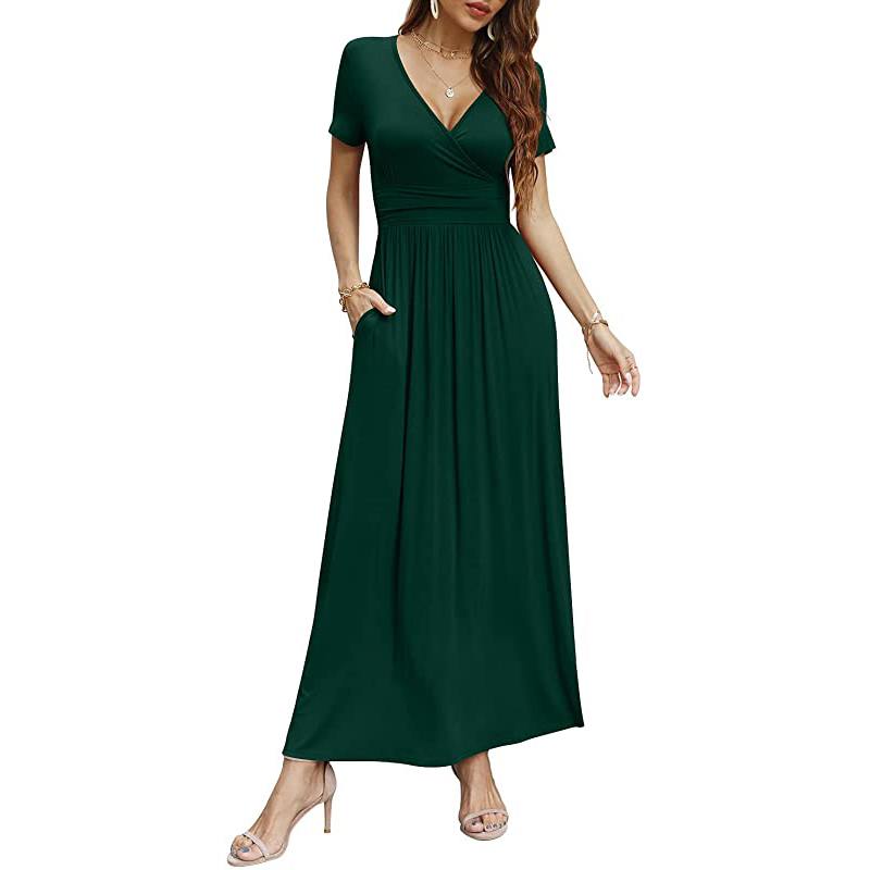 Abito lungo casual da donna a maniche lunghe con scollo a V profondo e vita plissettata, con tasche.