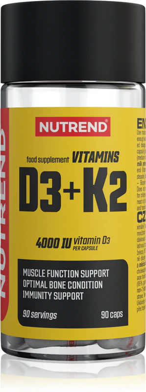 Suplemento alimentar Nutrend com vitaminas D3 e K2 para auxiliar na saúde dos ossos e dentes.