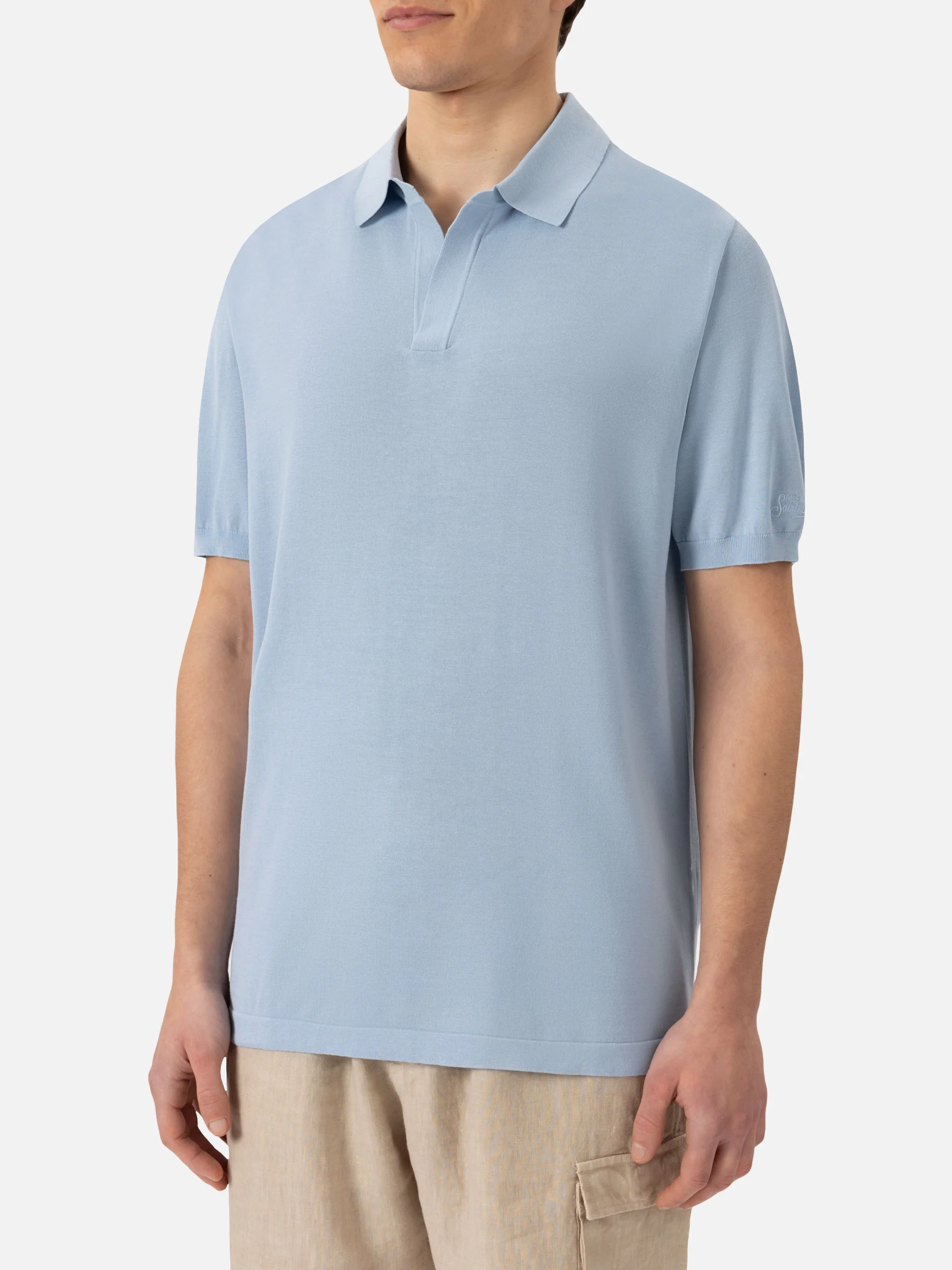 Sloan poloshirt in lichtblauwe gebreide zijde en katoen