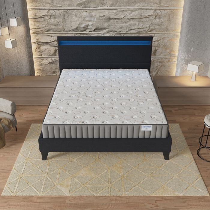 Colchón y cama (140 x 200 cm) Orionis 22 cm de espuma viscoelástica y espuma de alta densidad + base de láminas estable y cabecero LED negro