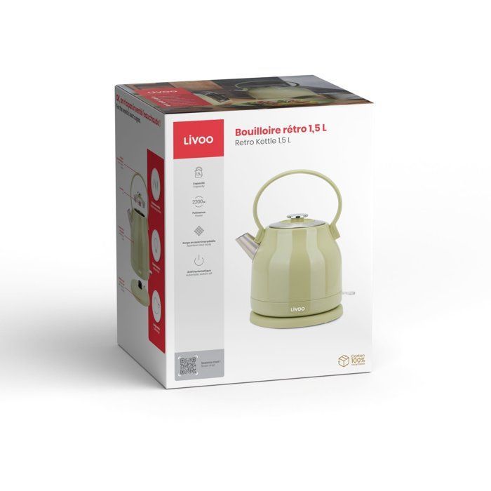 Bouilloire rétro - LIVOO - DOD202M - 2200 W - 1,5 L - Socle 360° - Matcha