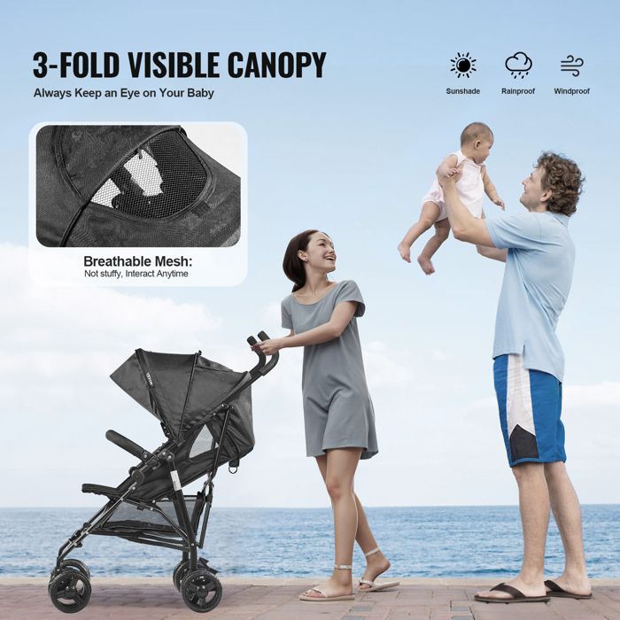 Lightweight Baby Stroller - VEVOR - Compact Toddler Stroller with Multi-Position Reclining Backrest - Black