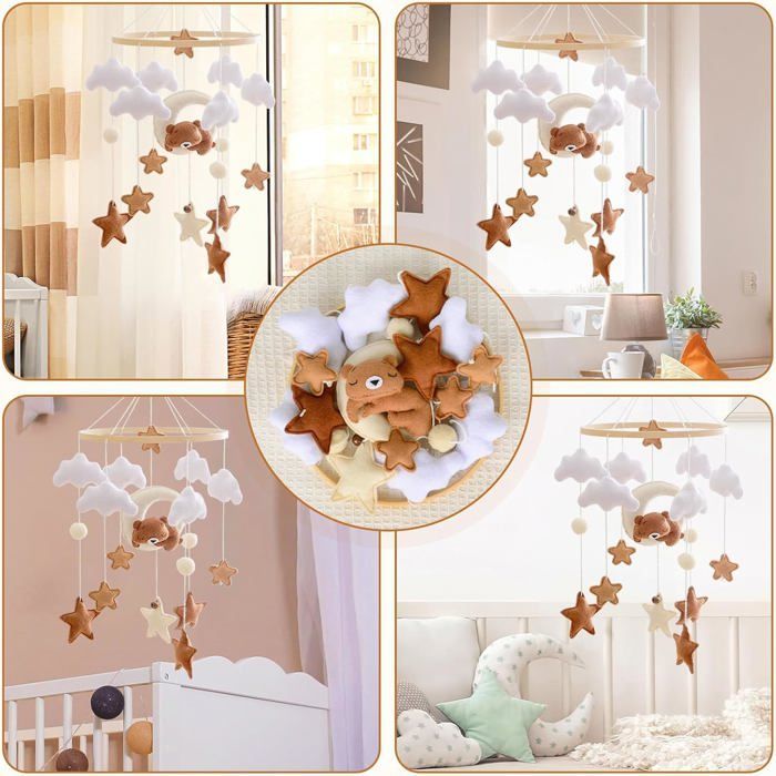 Mobile lit bébé en bois avec ours, étoiles, nuages, lune et cloches, cadeau naissance, couleur marron .