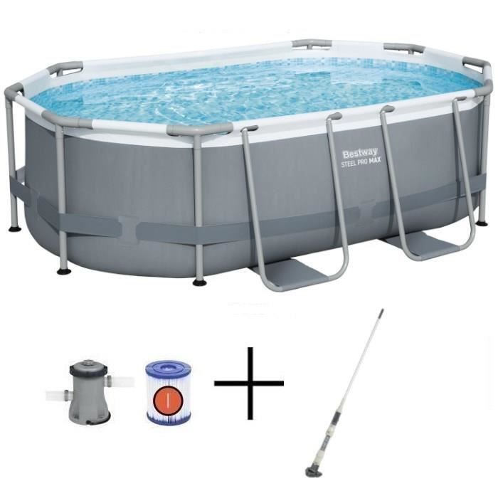 Kit Piscine hors sol tubulaire BESTWAY - Steel Pro MAX™ - 305 x 200 x 84 cm - Ovale + Balai aspirateur électrique Aquascan