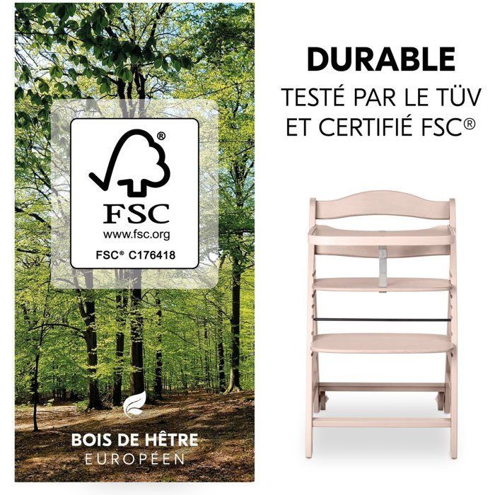 Seggiolone - HAUCK - BETA+ - Regolabile - Da 6 mesi a 90 kg - Legno certificato FSC - Cintura di sicurezza a 5 punti - Ruote - Finitura sbiancata