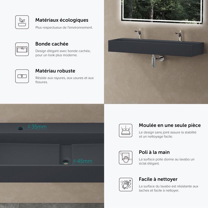 Lavabo de encimera Sogood, gris mate/negro, lavabo de baño mural, 120x40x14cm, lavabo con orificios para 2 grifos.