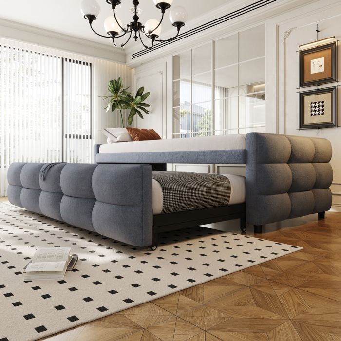 Sofá cama tapizado/cama extensible - 90/180x190 cm - Gris - Tejido de terciopelo Teddy - Multifuncional - Base de láminas