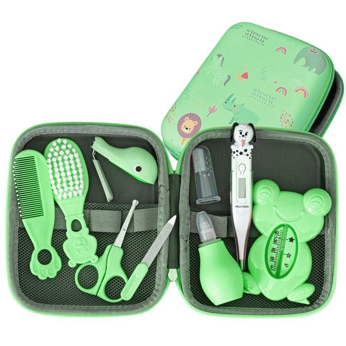 PLIC – Trousse de Soin Bébé – 9 pièces, trousse zippée nomade, hygiène & manucure, Couleur Vert
